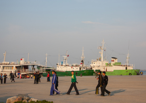 North Korean people walking in the harbour, Kangwon Province, Wonsan, North Korea