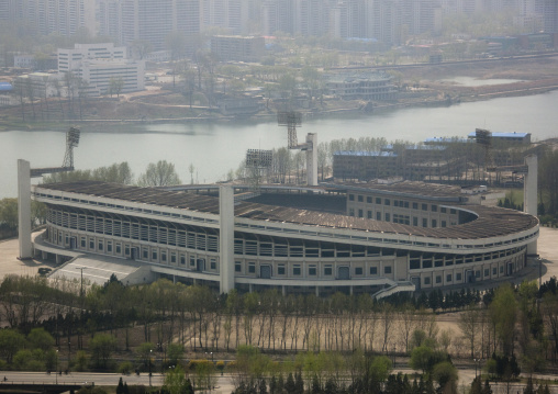 Aerial view of Yanggakdo stadium on yanggak island, Pyongan Province, Pyongyang, North Korea