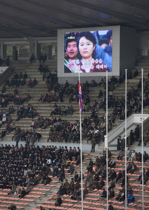 Crowd in the Kim il Sung stadium during a football game, Pyongan Province, Pyongyang, North Korea