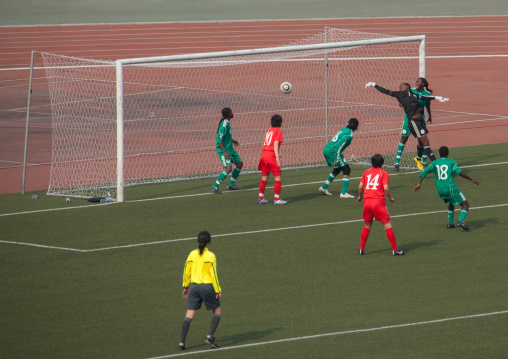 North Korea team scoring against nigeria in Kim il Sung stadium during a football game, Pyongan Province, Pyongyang, North Korea