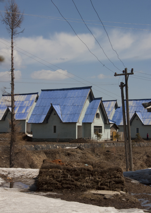 New apartment houses with blue roof in the countryside, Ryanggang Province, Samjiyon, North Korea