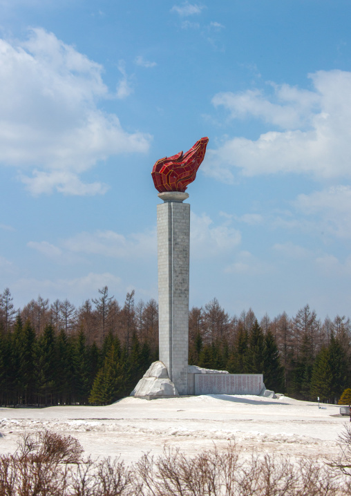 Flame tower in Grand monument of lake Samji, Ryanggang Province, Samjiyon, North Korea