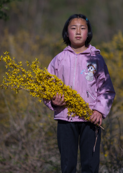 Portrait of a North Korean girl holding flowers, North Hamgyong Province, Jung Pyong Ri, North Korea