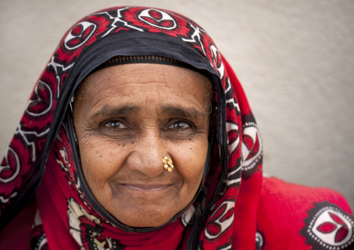 Old Omani Woman With A Golden Flower Shaped Nose Piercing, Sinaw, Oman