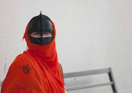 Bedouin Woman In Red Omani Burqa, Sinaw, Oman
