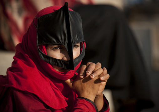 Bedouin Woman In Red Niqab, Sinaw, Oman