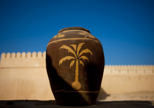 Pot With Palm Trees Shaped Decoration In Sineslah Fort, Sur, Oman