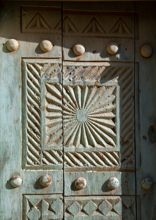 Deatil of an omani wooden carved door, Ad Dakhiliyah Region, Al Hamra, Oman