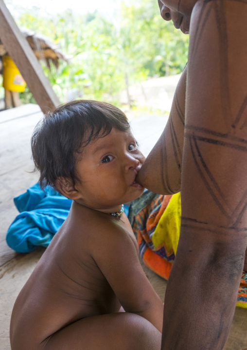 Panama, Darien Province, Bajo Chiquito, Woman Of The Native Indian Embera Tribe Breastfeeding Her Baby