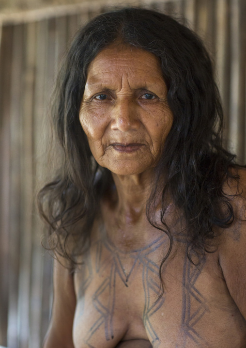 Panama, Darien Province, Puerta Lara, Woman Of Wounaan Native Community With Ink Tattoos