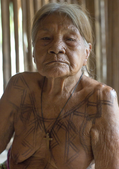 Panama, Darien Province, Puerta Lara, Old Woman Of Wounaan Native Community With Ink Tattoos