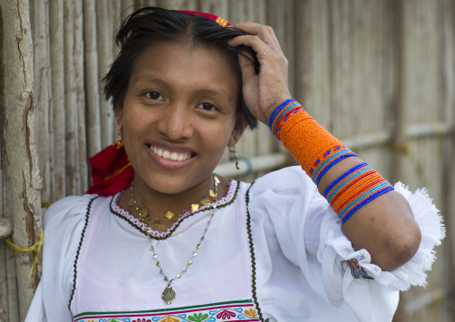 Panama, San Blas Islands, Mamitupu, A Kuna Indian Woman Wearing Beads Decoration On Her Arm