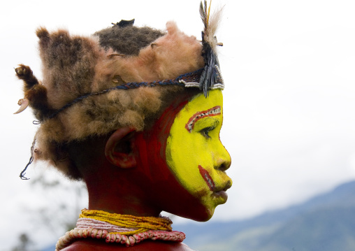 Portrait of a Huli tribe boy during a sing-sing ceremony, Western Highlands Province, Mount Hagen, Papua New Guinea