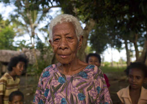 Portrait of an old woman with white hair, Milne Bay Province, Trobriand Island, Papua New Guinea