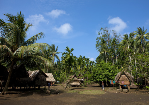 Traditional village with houses and yam houses, Milne Bay Province, Trobriand Island, Papua New Guinea