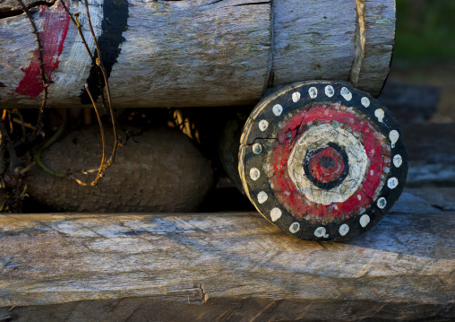 Decorations of a yam house in a village to store the roots, Milne Bay Province, Trobriand Island, Papua New Guinea