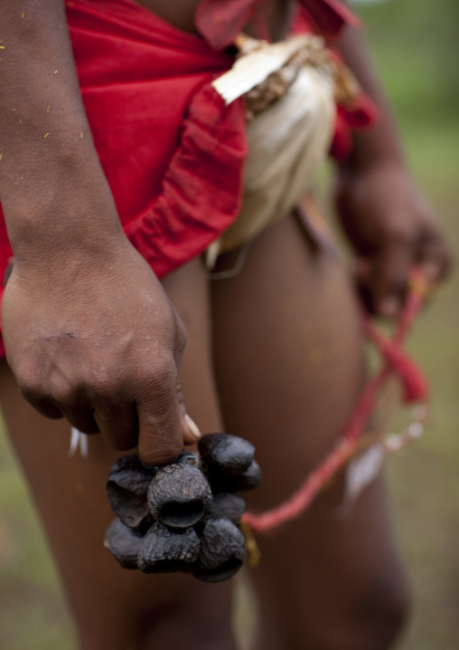 Detail of a tribal dancer with shakers during a ceremony, Milne Bay Province, Trobriand Island, Papua New Guinea