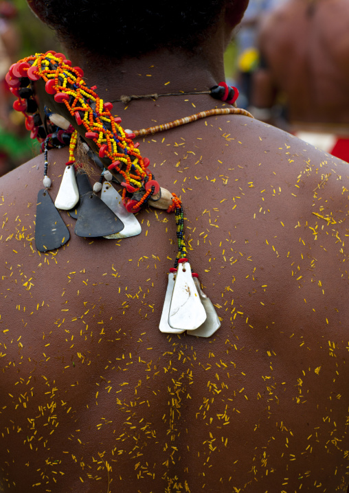 Detail of a tribal dancer with pollen on his back during a ceremony, Milne Bay Province, Trobriand Island, Papua New Guinea