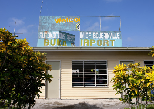 Airport entrance with a broken sign, Autonomous Region of Bougainville, Bougainville, Papua New Guinea