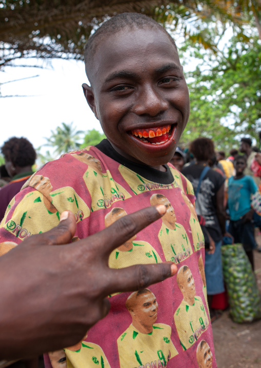 Portrait of a smiling man with a betel red smile, Autonomous Region of Bougainville, Bougainville, Papua New Guinea