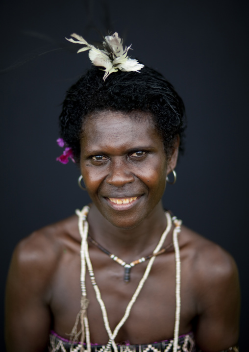 Portrait of a smiling woman in traditional clothing, Autonomous Region of Bougainville, Bougainville, Papua New Guinea