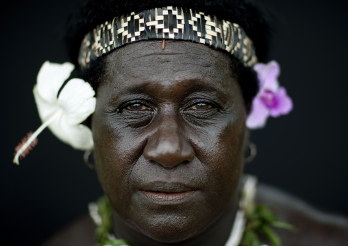 Portrait of a woman wearing flowers in the hair, Autonomous Region of Bougainville, Bougainville, Papua New Guinea