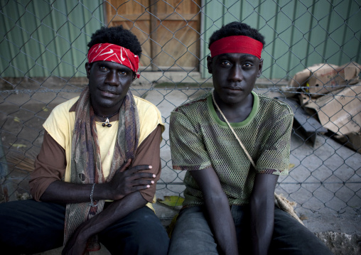 portrait of men with red headbang in the street, Autonomous Region of Bougainville, Bougainville, Papua New Guinea
