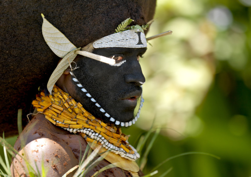 Enga kompian suli muli wearing a wig made with human hair, Western Highlands Province, Mount Hagen, Papua New Guinea
