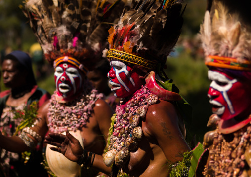 Highlander women with traditional clothing during a sing-sing, Western Highlands Province, Mount Hagen, Papua New Guinea