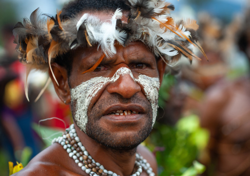 Warrior with feathers headwear during a sing-sing, Western Highlands Province, Mount Hagen, Papua New Guinea