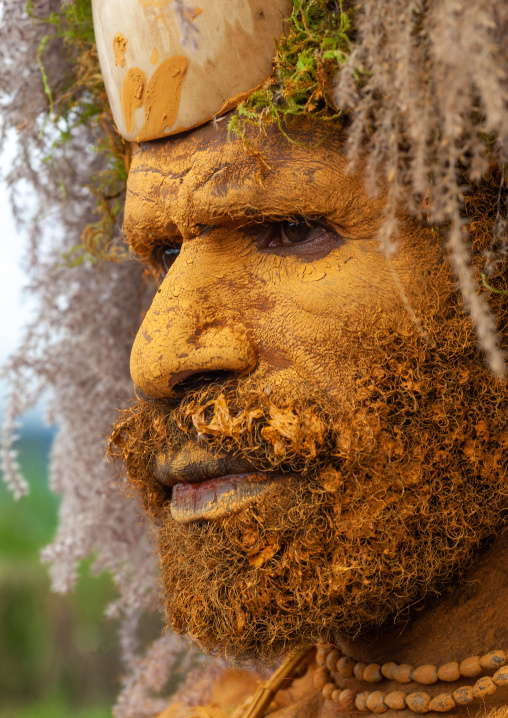 Chimbu tribe man with the face covered in mud, Western Highlands Province, Mount Hagen, Papua New Guinea