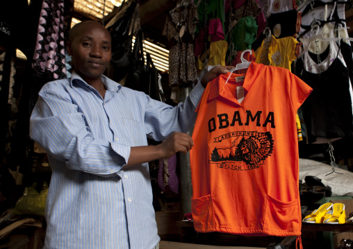 Tailor shop in the market selling an obama shirt, Lake Kivu, Gisenye, Rwanda