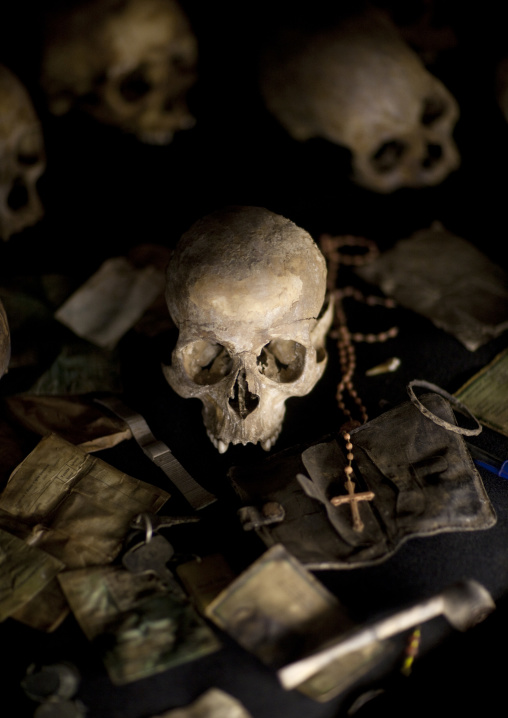 Human skulls in gisozi genocide memorial site, Kigali Province, Kigali, Rwanda