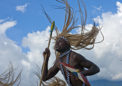 Traditional intore dancer during a folklore event in a village of former hunters, Lake Kivu, Ibwiwachu, Rwanda