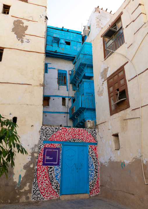 Bait alhodaif with wooden blue mashrabiya in al-Balad quarter, Mecca province, Jeddah, Saudi Arabia
