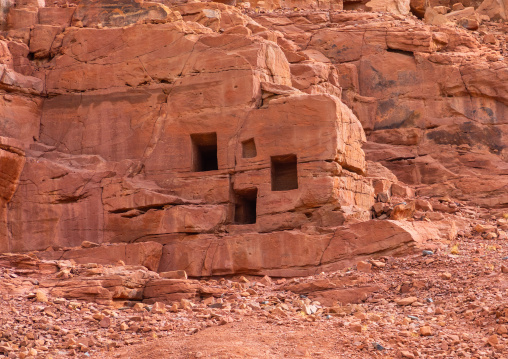Old tombs in the rock in jabal Ikmah, Al Madinah Province, Alula, Saudi Arabia
