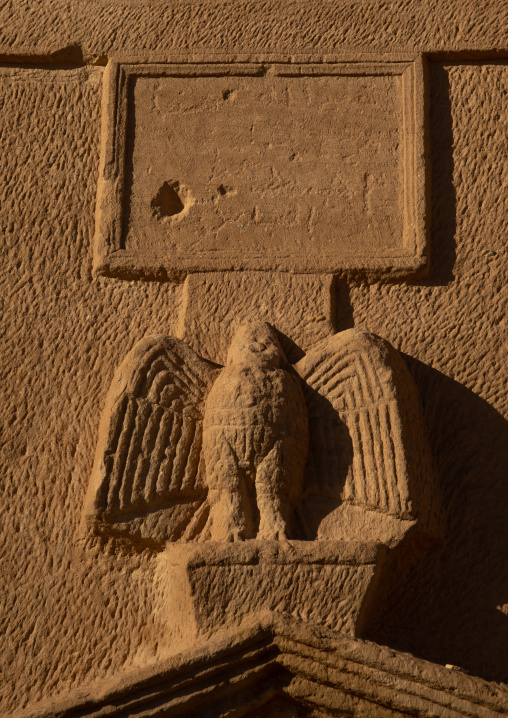 Carved eagle on a tomb in al-Hijr archaeological site in Madain Saleh, Al Madinah Province, Alula, Saudi Arabia