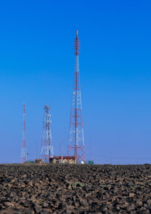 Cellular transmission towers at the top of a hill, Al Madinah Province, Alula, Saudi Arabia
