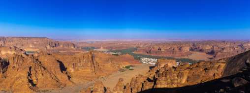 Panoramic view of the oasis in the middle of the wadi al-Qura, Al Madinah Province, Alula, Saudi Arabia