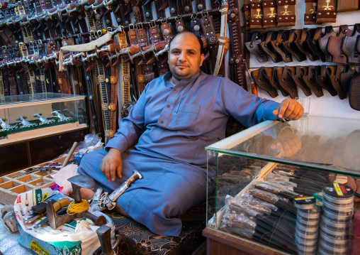 Saudi man selling jambiyas in a shop, Jizan province, Addayer, Saudi Arabia