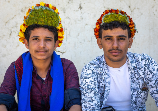 Portrait of a flower men wearing a floral crown on the head, Jizan province, Addayer, Saudi Arabia