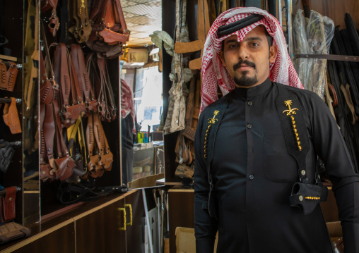 Portrait of a saudi man buying a holster in a shop, Najran Province, Najran, Saudi Arabia