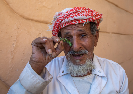 Portrait of a saudi man puting basil on his eyes as a medicine, Najran Province, Najran, Saudi Arabia