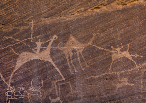 Petroglyphs of men hunting camels on horses, Najran Province, Minshaf, Saudi Arabia