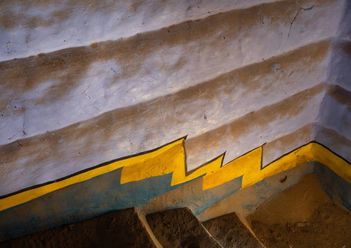 Colorful painted stairs in a traditional mud house, Asir province, Dahran Aljanub, Saudi Arabia