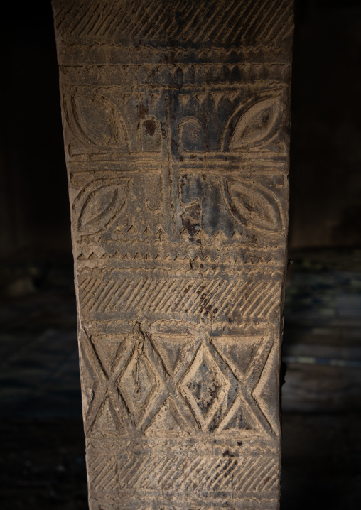 Wooden pillar in an old house of al-Namas fort, Al-Bahah region, Altawlah, Saudi Arabia