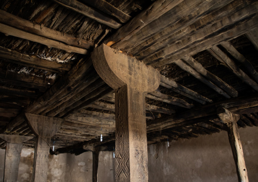 Wooden pillar in an old house of al-Namas fort, Al-Bahah region, Altawlah, Saudi Arabia