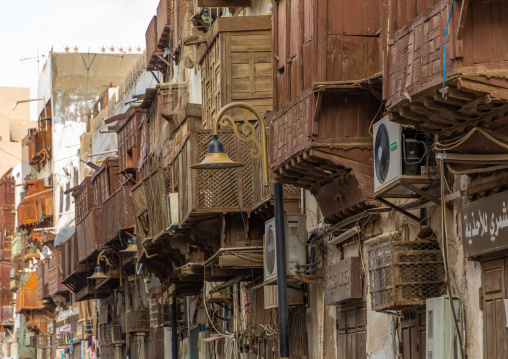 Old houses with wooden mashrabiyas in al-Balad quarter, Mecca province, Jeddah, Saudi Arabia