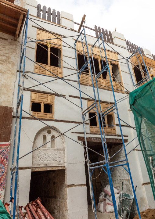 Restoration of an old house with wooden mashrabiyas in al-Balad quarter, Mecca province, Jeddah, Saudi Arabia
