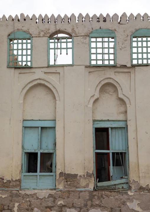 Windows of an old house used as a free dormitory in the past, Mecca province, Jeddah, Saudi Arabia